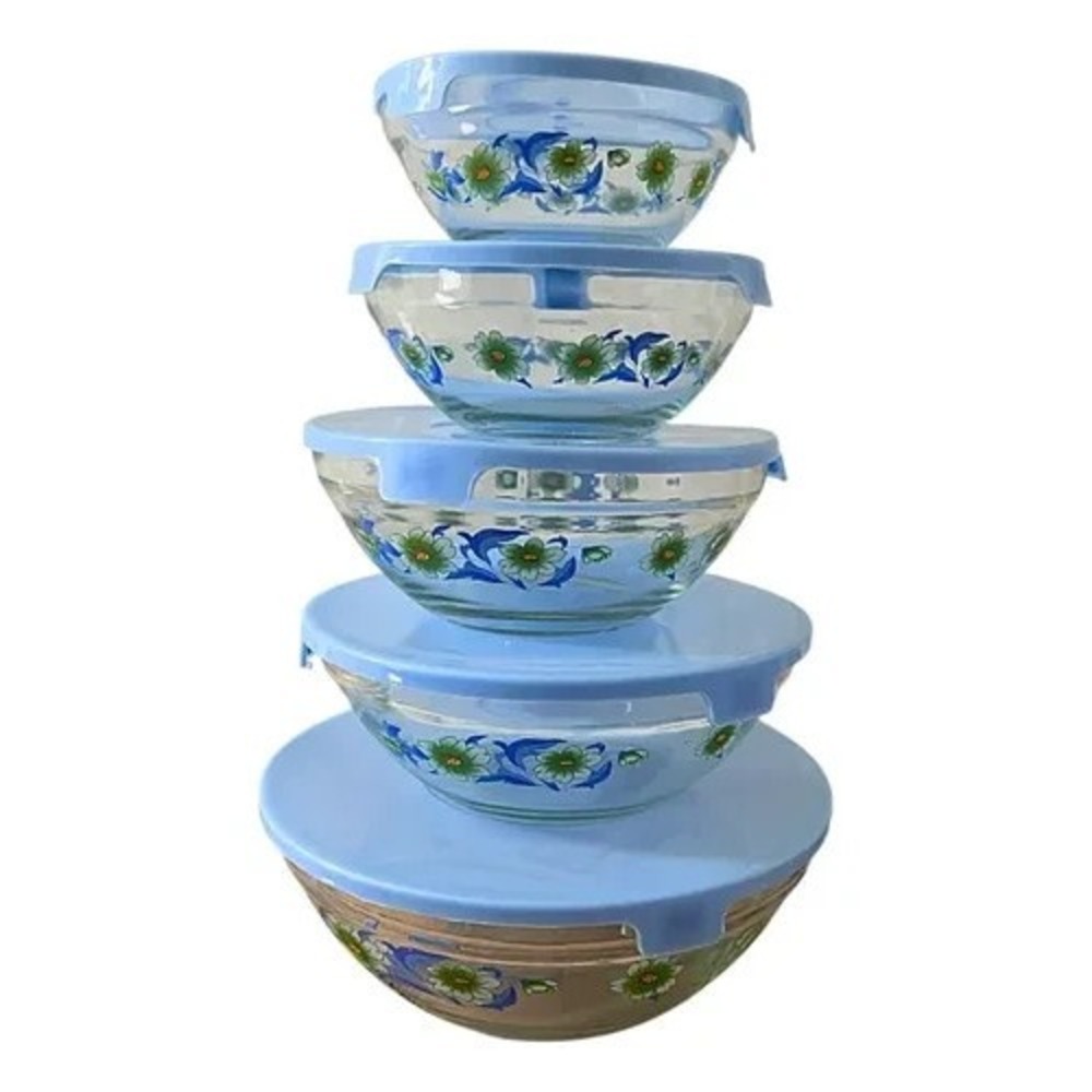 5pc Glass Serving Bowls Tupperware Stackable Floral BLUE Lids by Imperial Home